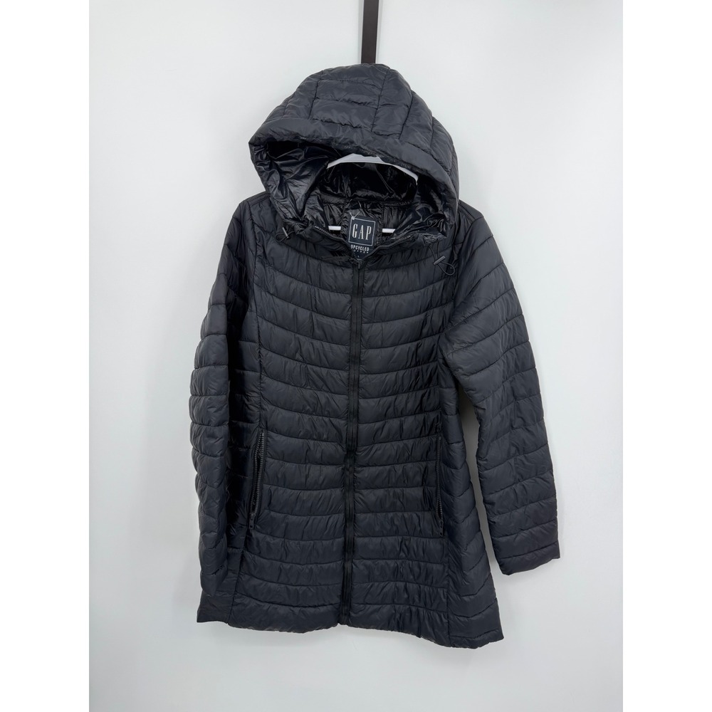 GAP Upcycled Puffer Jacket Women Large Black Water Resistant Packable Hooded